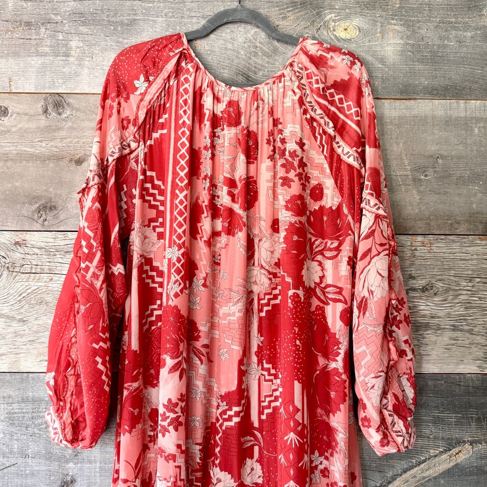 Chufy Paracas Caftan Dress S Red Pink Floral Tiered Maxi Boho Resort Luxury Vaca - Picture 13 of 15